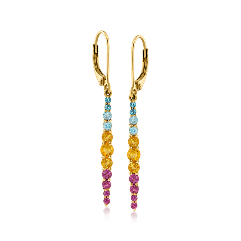 Gold-tone leverback drop earrings with light blue, yellow, and purple gemstone beads
