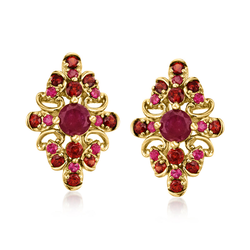 14kt yellow gold ruby and garnet cluster post earrings with round red center stone