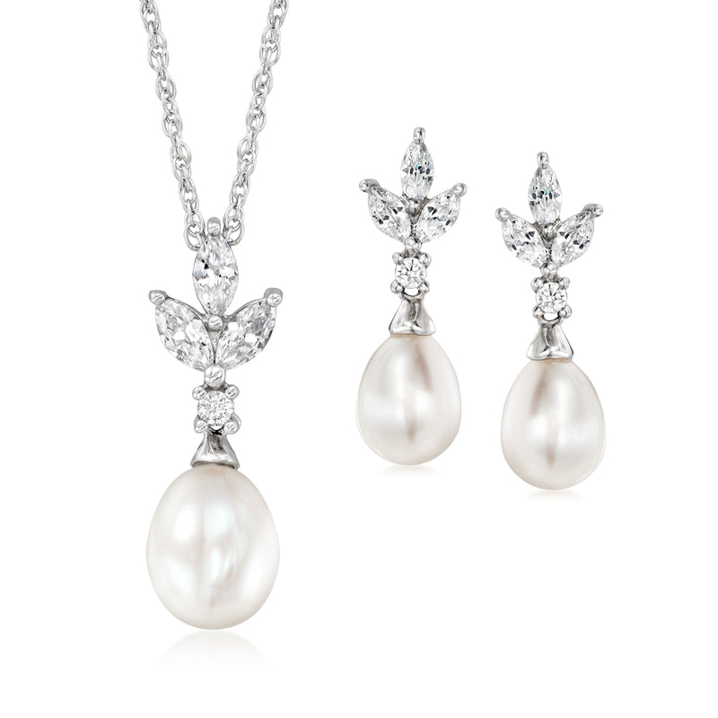Sterling silver pearl pendant necklace with CZ clusters and matching pearl drop earrings