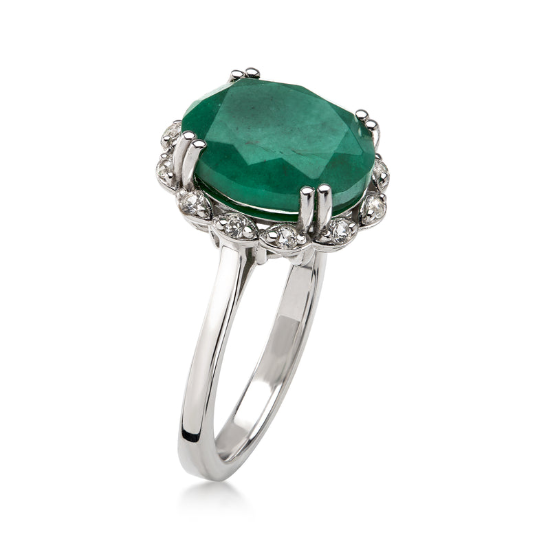 Sterling silver ring with large oval green gemstone and round white stones halo