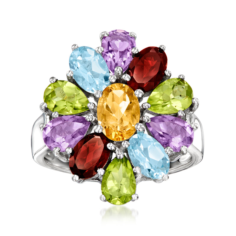 Sterling silver cluster ring with oval multi-gemstones in blue, purple, red, green, and yellow