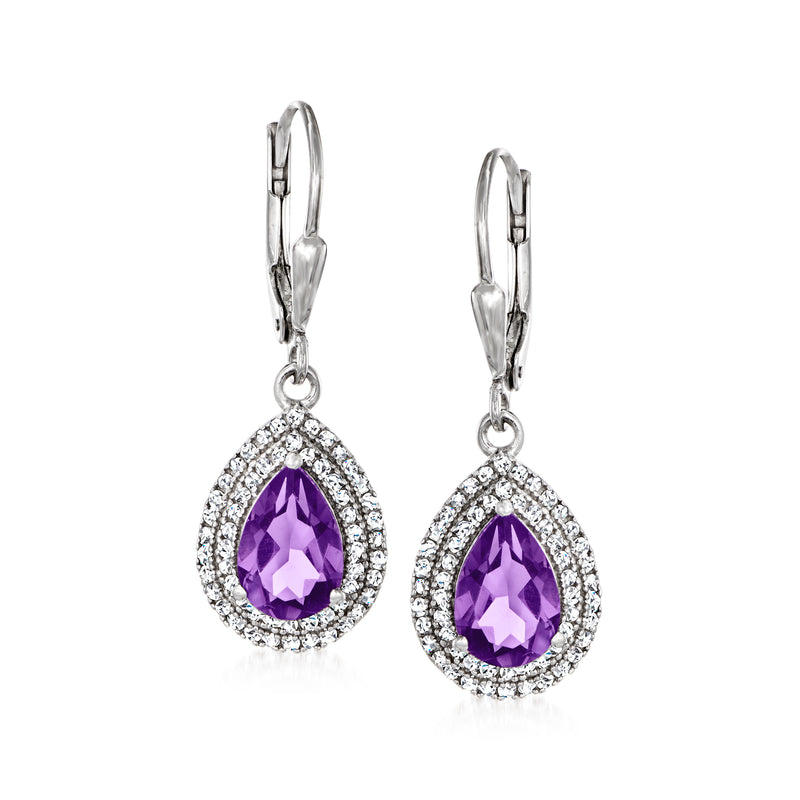 Sterling silver leverback drop earrings with purple amethyst pear and diamond halo