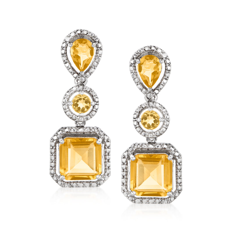 Sterling silver citrine drop earrings with pear, round, and square gemstone accents