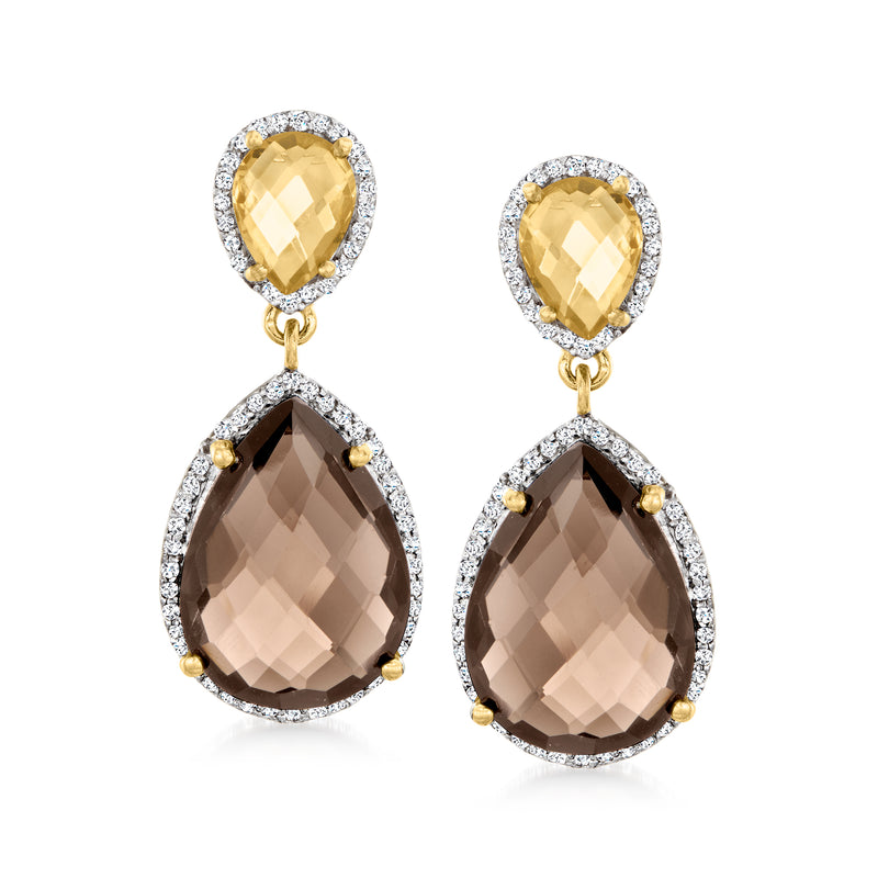 Gold-tone drop earrings with pear-cut smoky quartz, citrine tops, halo accents