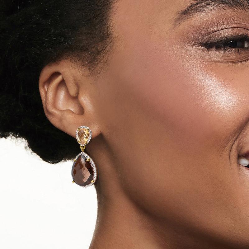 Gold-tone drop earrings on ear; citrine top with smoky quartz teardrop and halo
