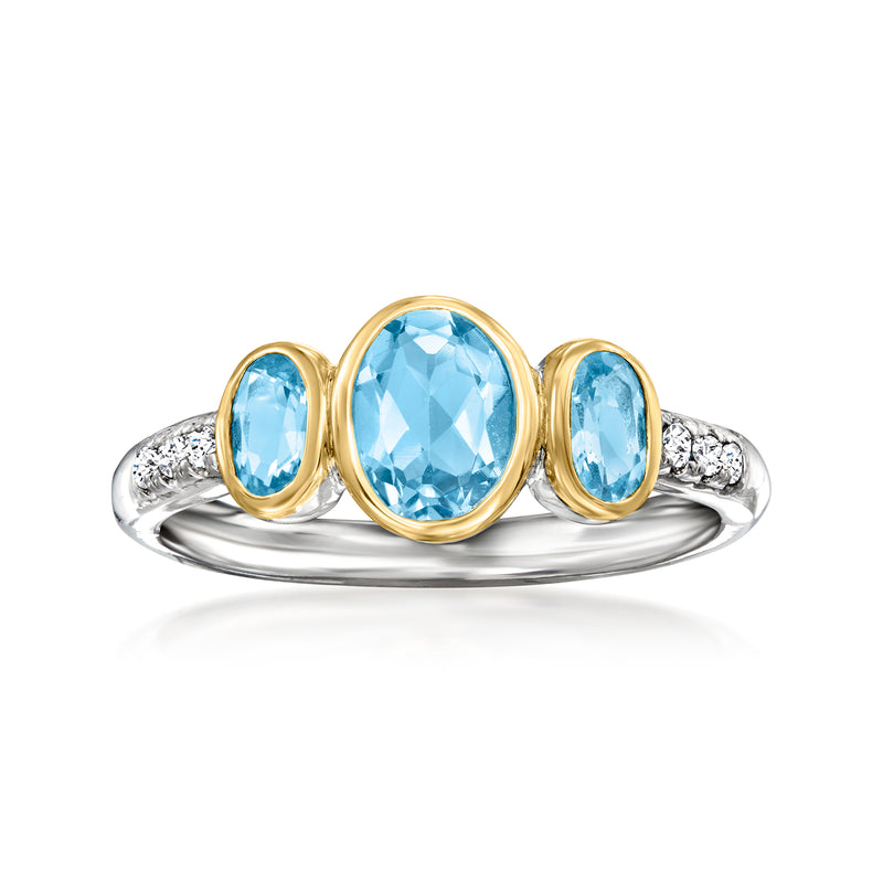 Three-stone Swiss blue topaz ring with side halo, 14kt yellow gold and sterling silver