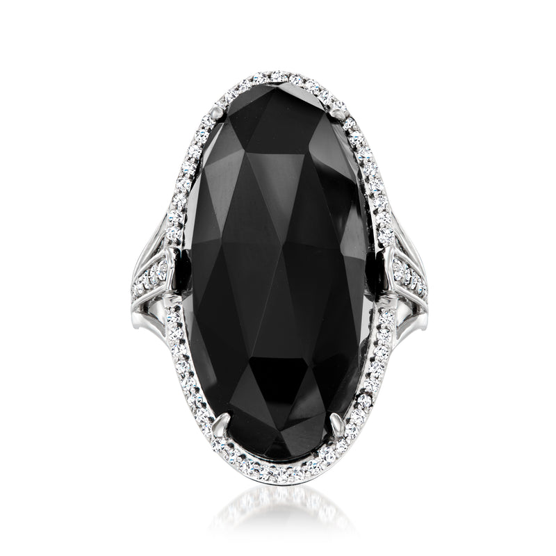 Sterling silver onyx ring with oval black gemstone and pave halo