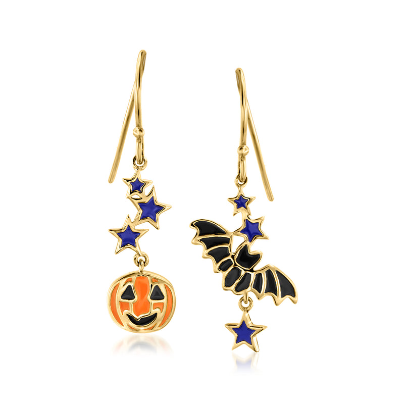 Mismatched Halloween drop earrings with jack-o-lantern, bat and star enamel, gold-tone.