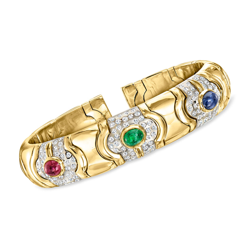 Two-tone gold cuff bracelet with oval multi-gem stones and diamond accents, hinged design
