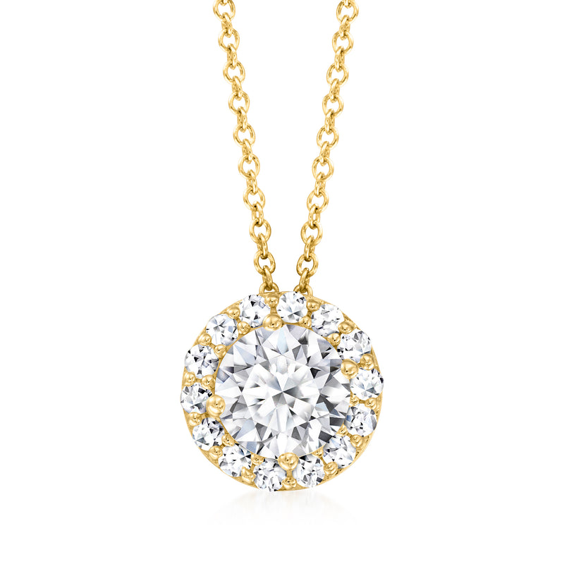 14kt yellow gold round diamond halo pendant with prong-set center stone