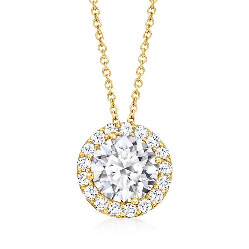 14kt yellow gold halo diamond pendant necklace, round center stone