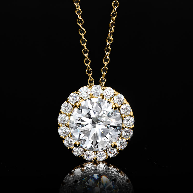 Round halo diamond pendant on 14kt yellow gold chain, large center stone
