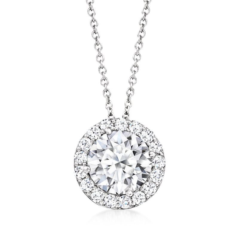 White gold round halo diamond pendant on silver chain