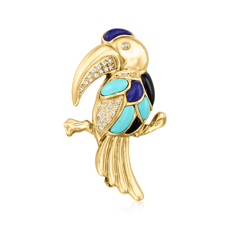 Toucan pin in 18kt yellow gold with blue and turquoise enamel, diamond accents