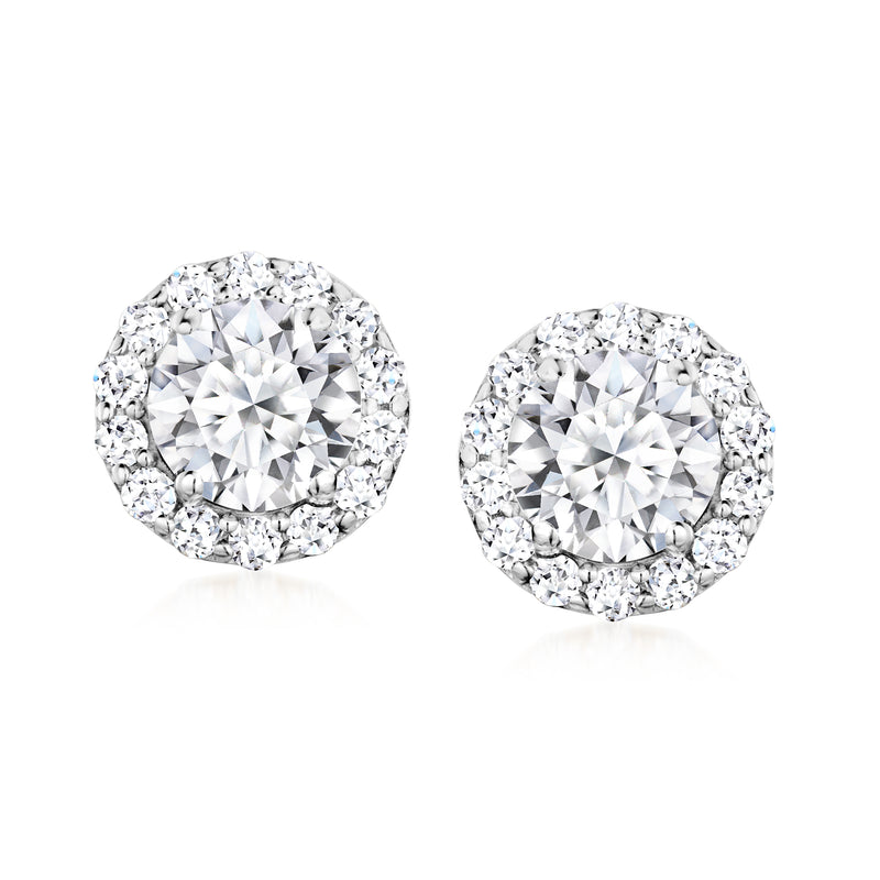 Round diamond halo stud earrings in white gold with post backs