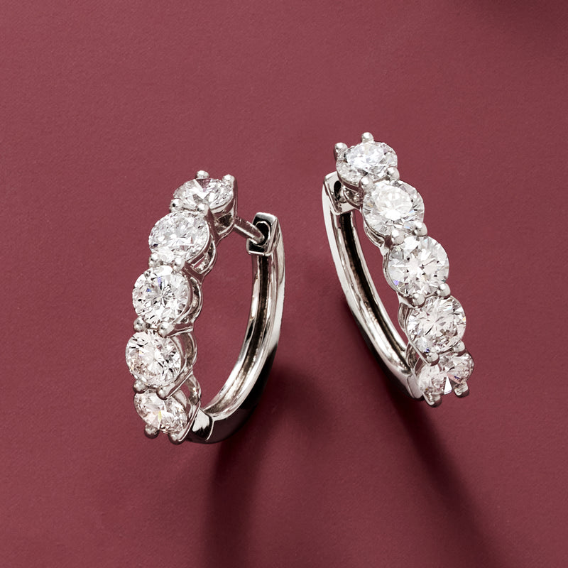 14kt white gold hoop earrings with five round lab-grown diamonds, close-up