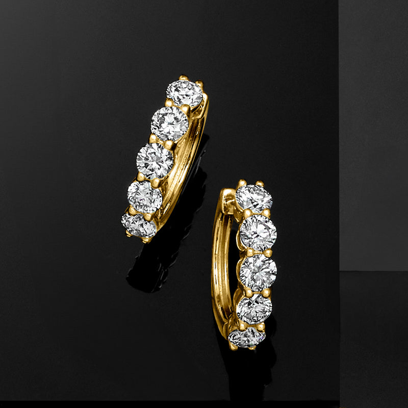 14kt yellow gold five-stone hoop earrings with round diamond clusters