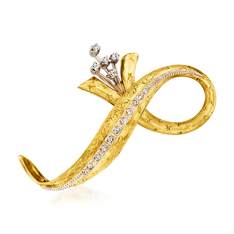 18kt yellow gold swirl ribbon pin with round diamond accents