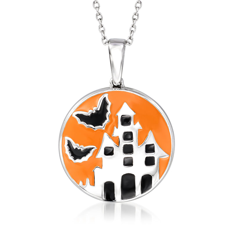 Sterling silver pendant necklace with round orange enamel haunted house scene