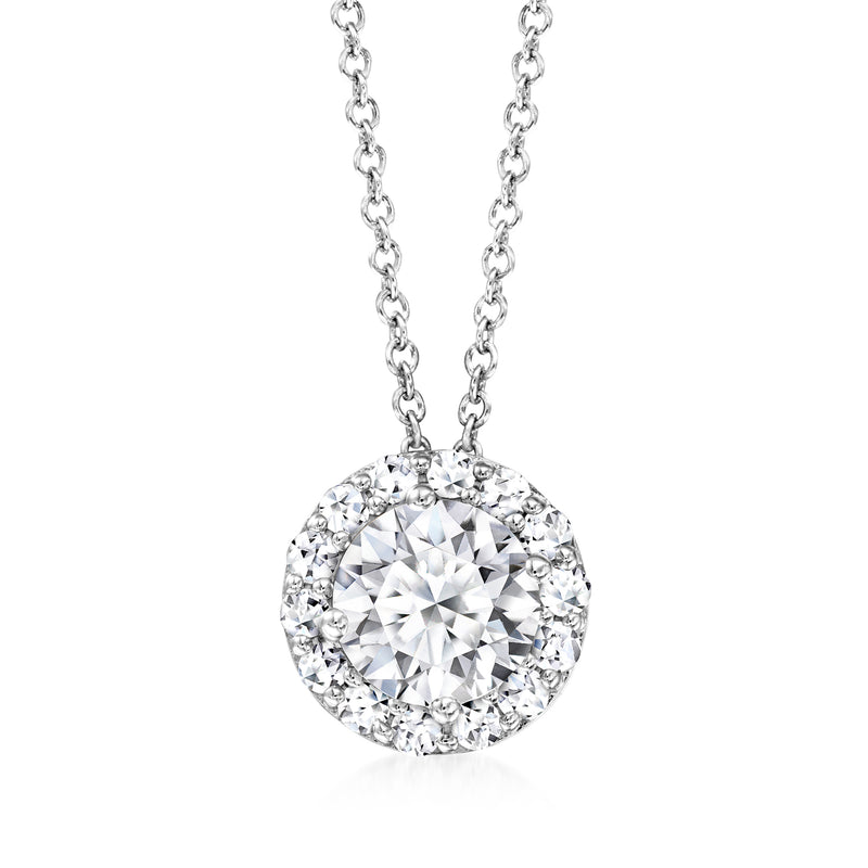 Round lab-grown diamond halo pendant on a silver-tone chain, 14k white gold setting