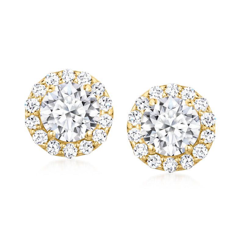 Round halo diamond stud earrings in 14kt yellow gold with post backs