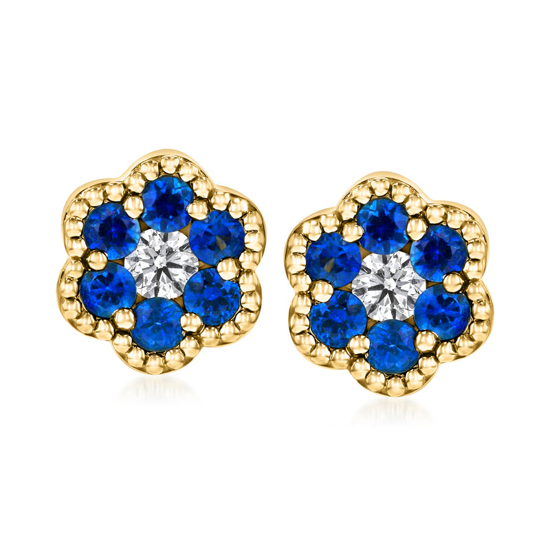 14kt yellow gold flower sapphire and diamond stud earrings with blue round stones