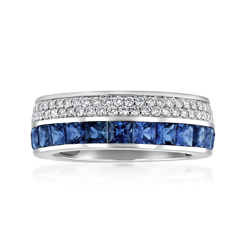 Two-row sapphire and diamond ring in 14kt white gold, with blue center row and clear stones.
