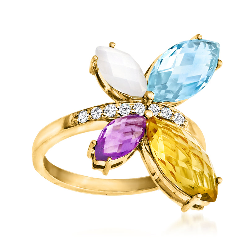 Yellow gold butterfly ring with multi-gemstones and small diamond accents
