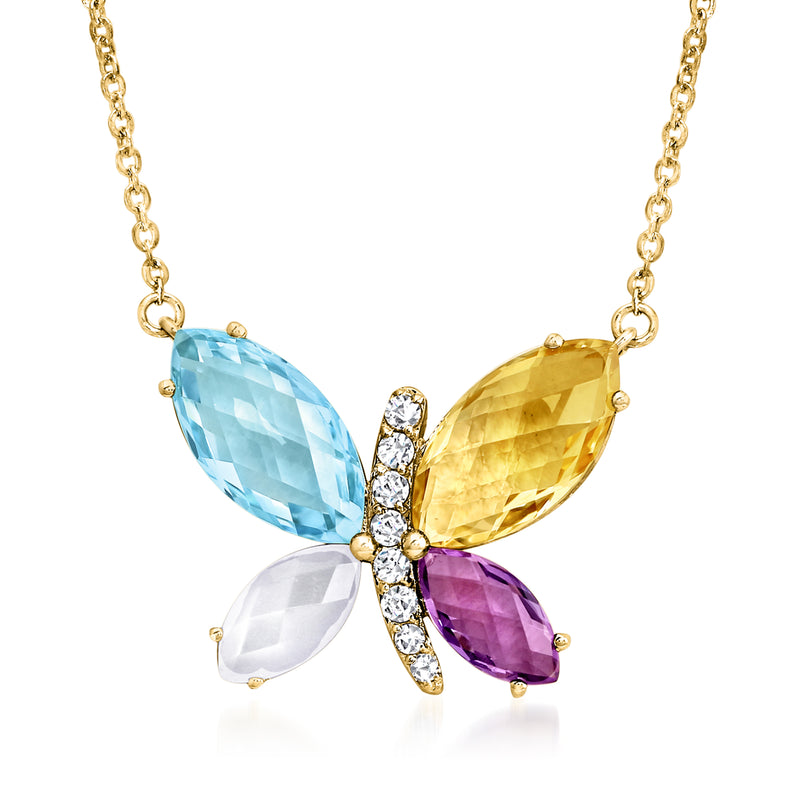 14kt yellow gold butterfly necklace with blue, yellow, purple gemstones and diamond accents