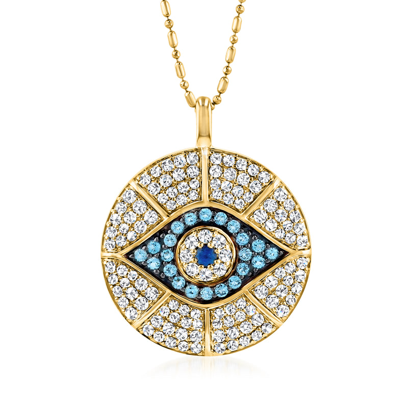 14kt yellow gold round evil eye pendant necklace with blue center and clear stone halo