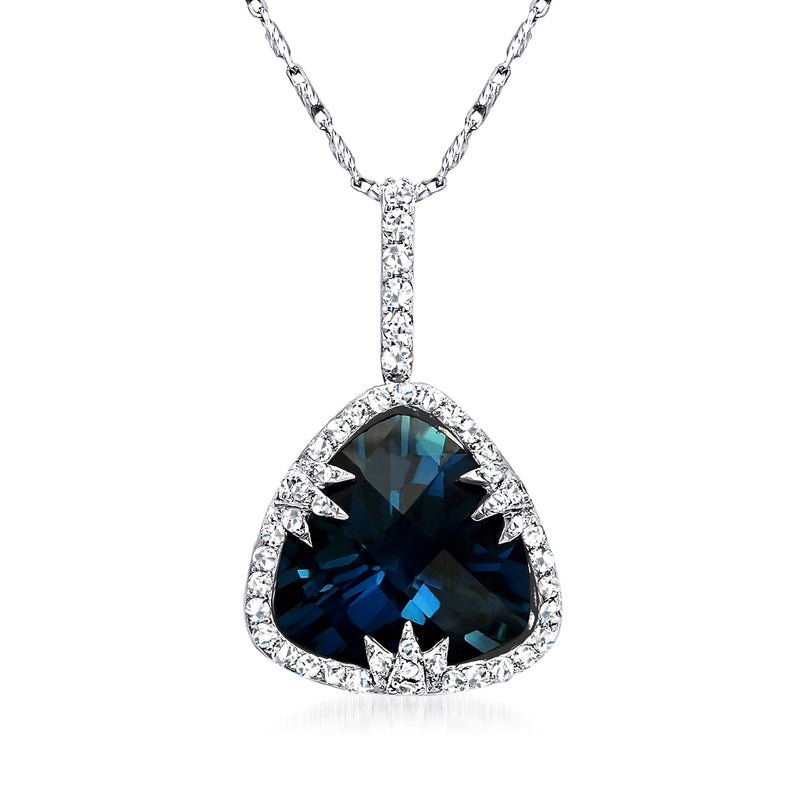14kt white gold pendant necklace with dark blue topaz and diamond halo teardrop pendant