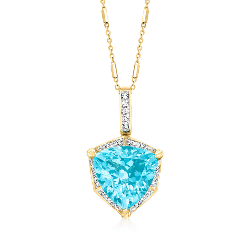 14k yellow gold pendant necklace: triangular blue topaz with diamond accents