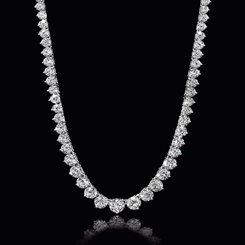 14k white gold graduated diamond tennis necklace, close view of shimmering stones