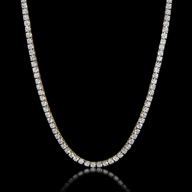 Diamond tennis necklace with round-cut stones in 14kt yellow gold, full front view