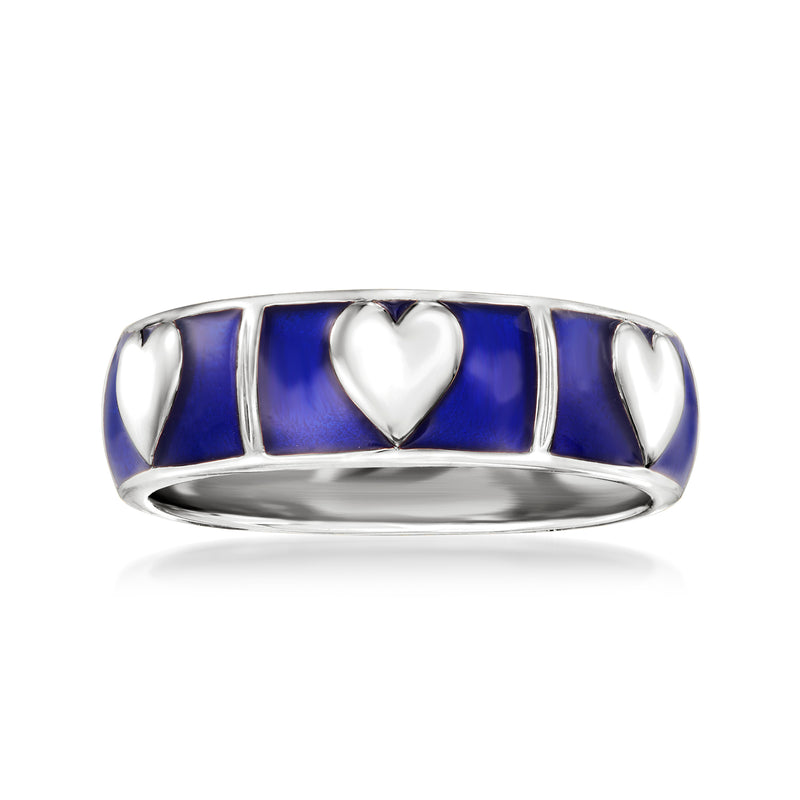 Sterling silver heart ring with blue enamel band and white heart center detail