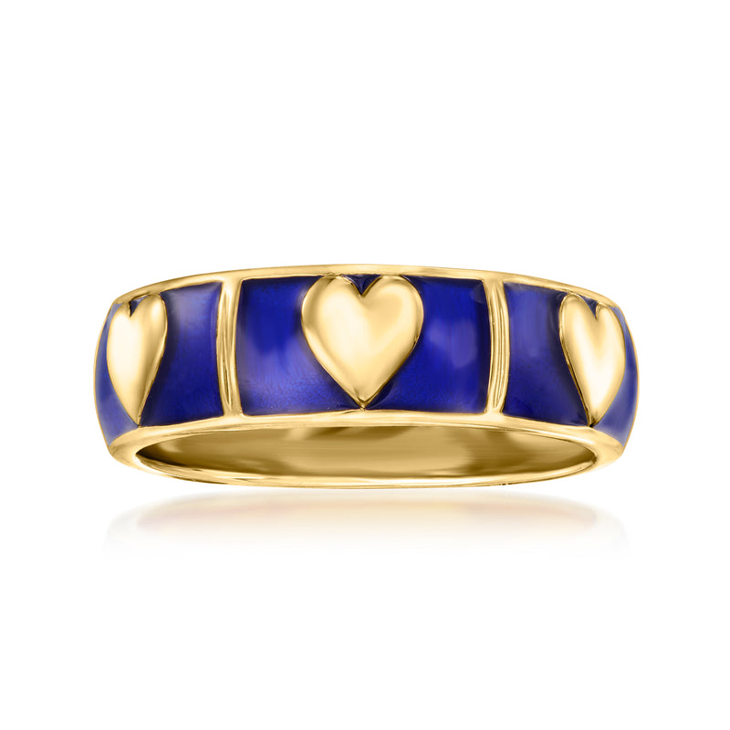 Blue enamel heart ring with 18kt gold over sterling band, centered heart detail