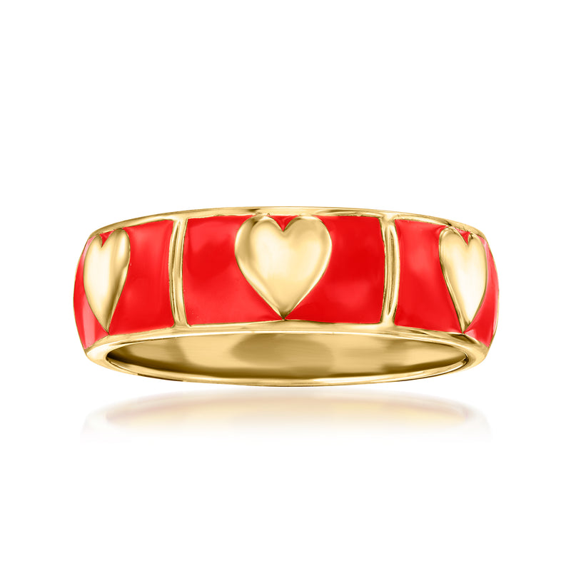 Red enamel heart ring with gold-tone band and raised heart centerpiece