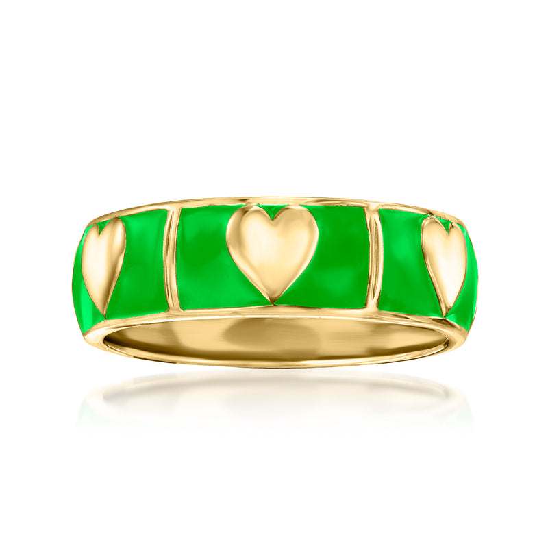 Green enamel heart ring with 18kt gold over sterling band and raised gold heart detail