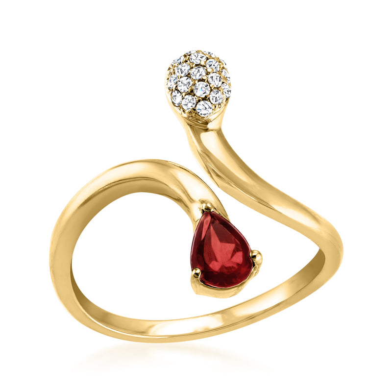 14kt yellow gold bypass ring with pear garnet and diamond cluster