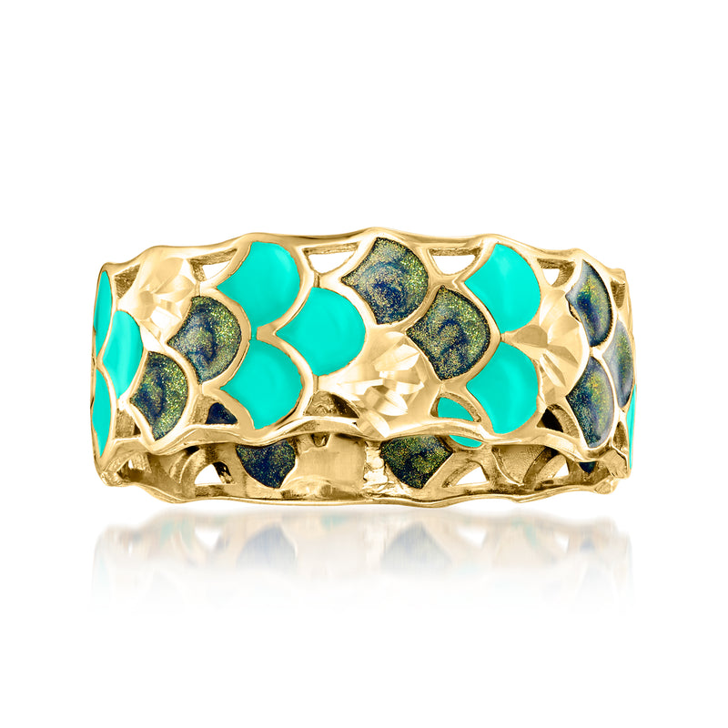 14kt yellow gold mermaid-scale enamel ring with turquoise, blue, and dark blue accents