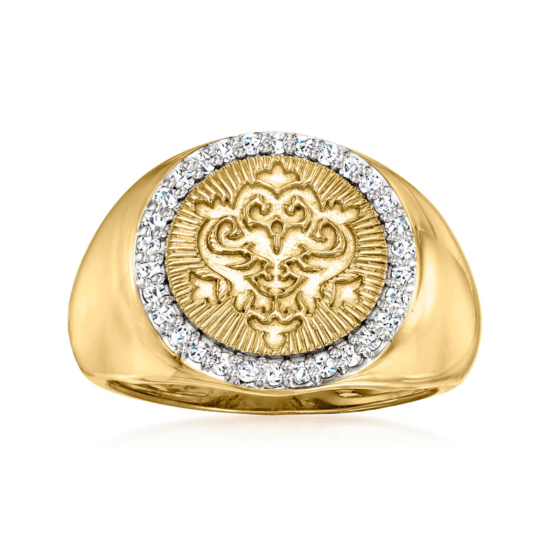Gold-tone diamond signet ring with round lion crest and sparkling halo