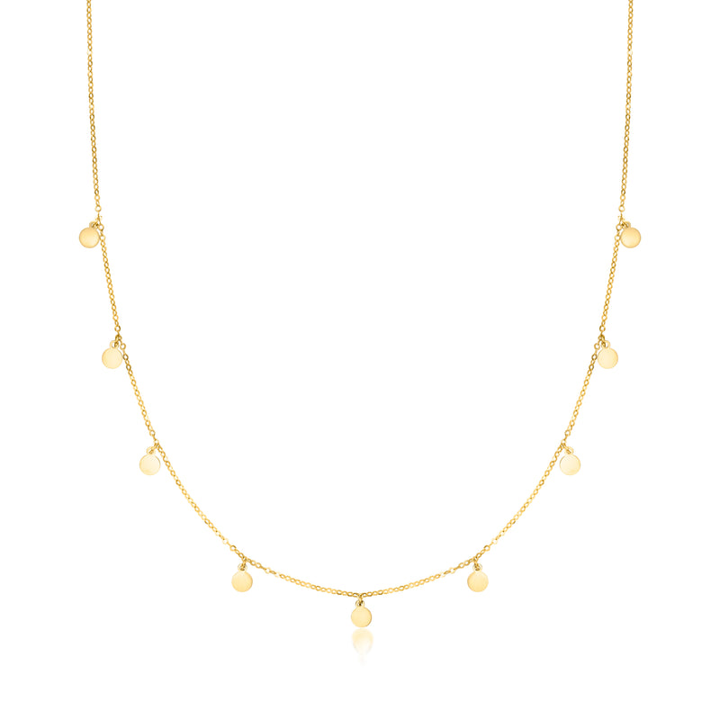 Yellow gold mini disc station necklace with small round discs on a fine chain