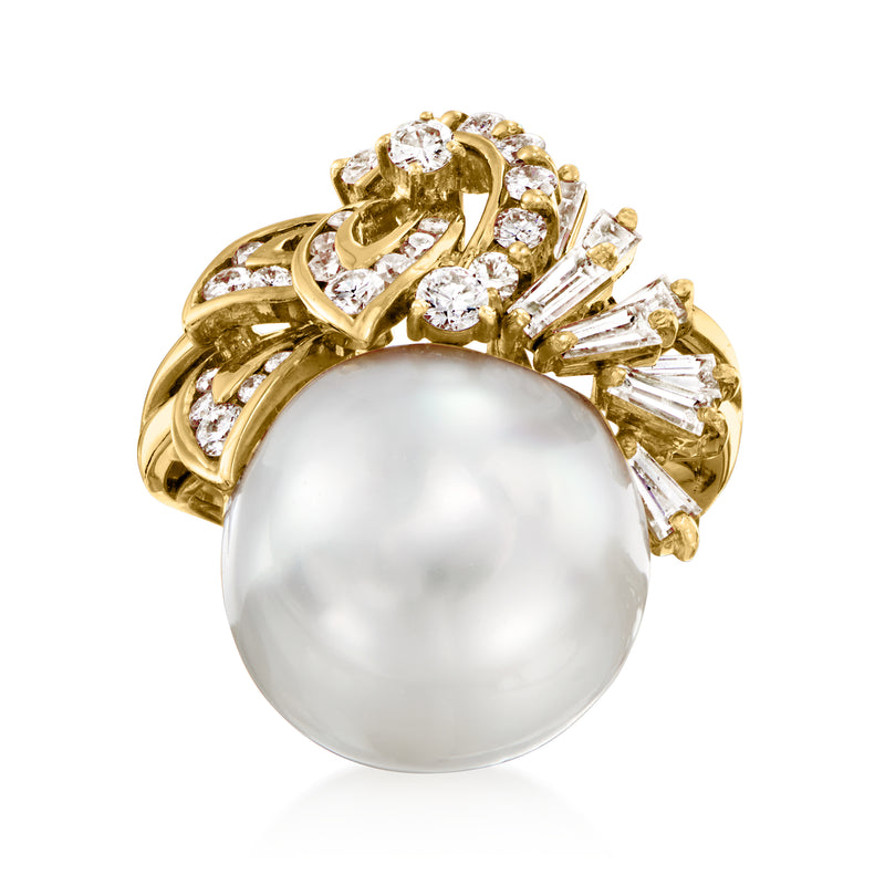18k yellow gold cocktail ring with large round cultured pearl and diamond accents