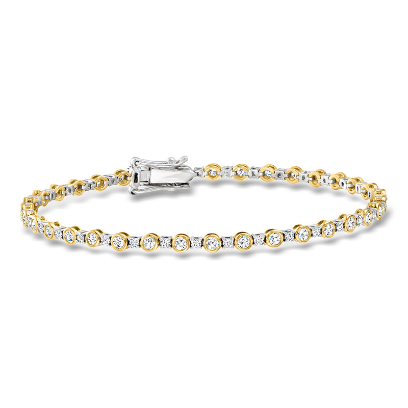 Two-tone gold diamond tennis bracelet with bezel-set round stones and box clasp
