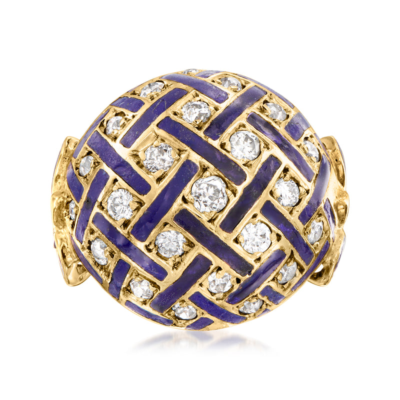 Vintage dome ring in 14kt yellow gold with blue enamel and diamond accents