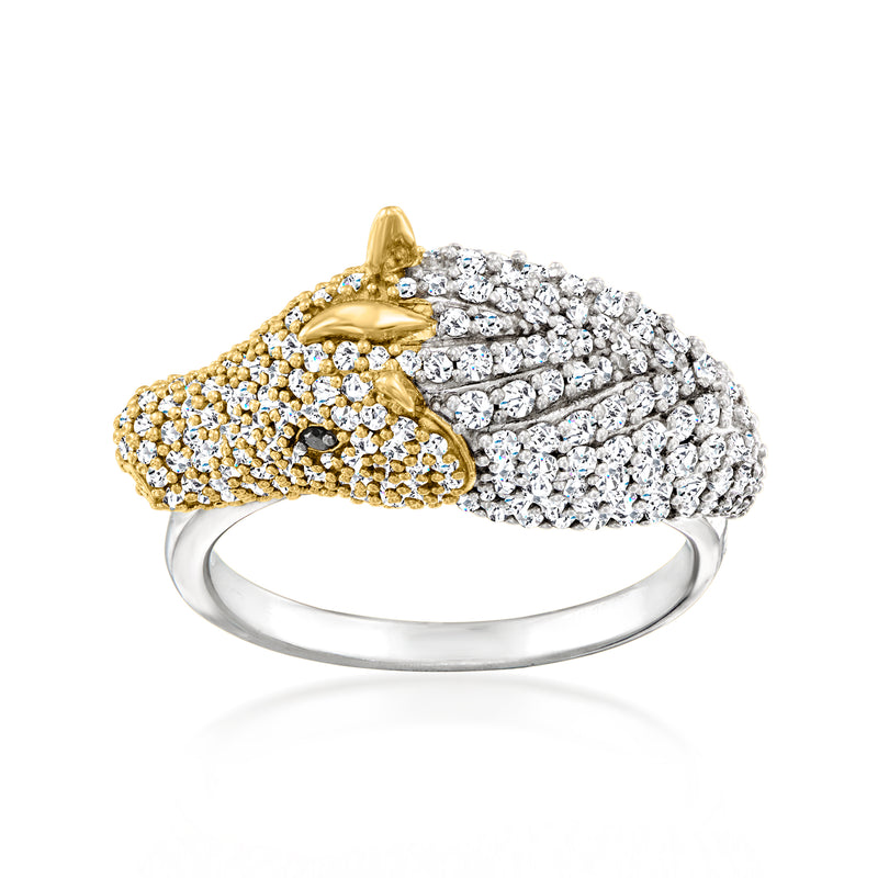 Pave diamond horse head ring with gold-tone accents and sterling-silver band