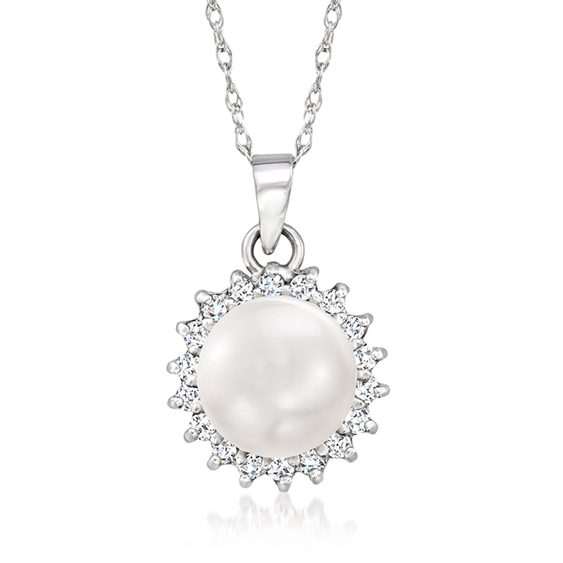 White gold pendant necklace with round cultured pearl and diamond halo