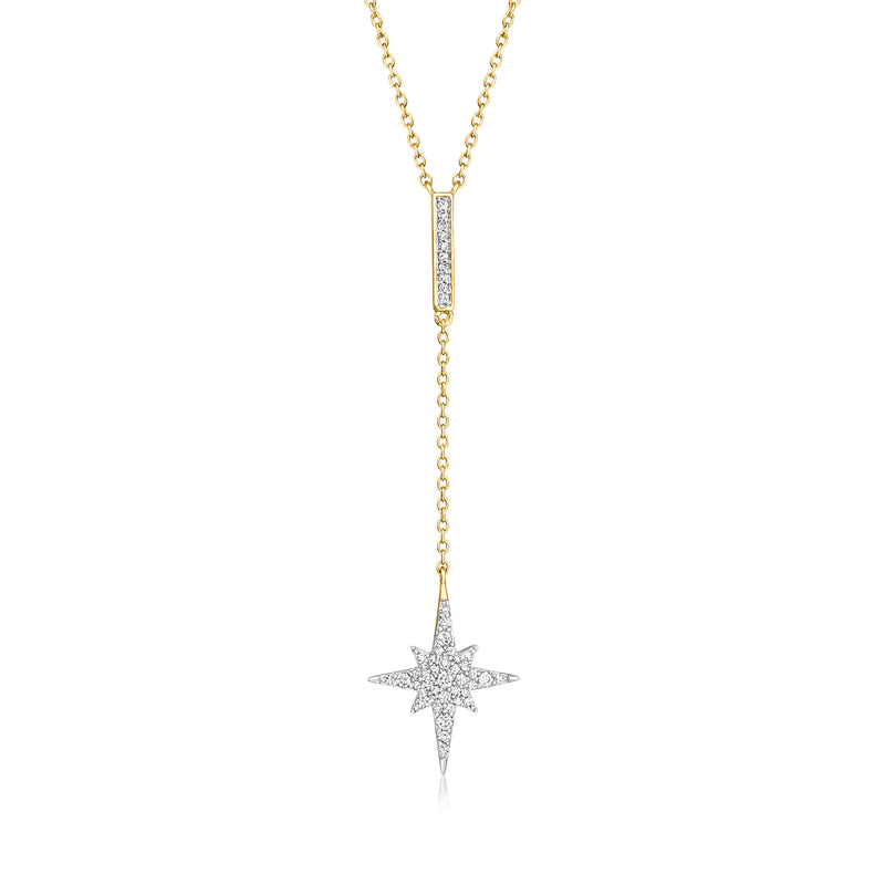 Gold over sterling Y-necklace with diamond-style star pendant and vertical stone bar