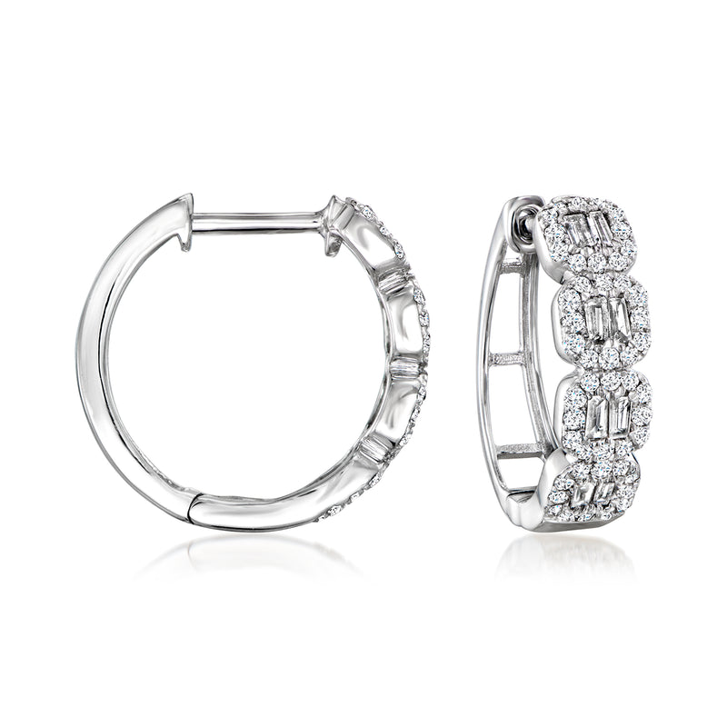 14kt white gold diamond halo hoop earrings with clustered round-cut stones