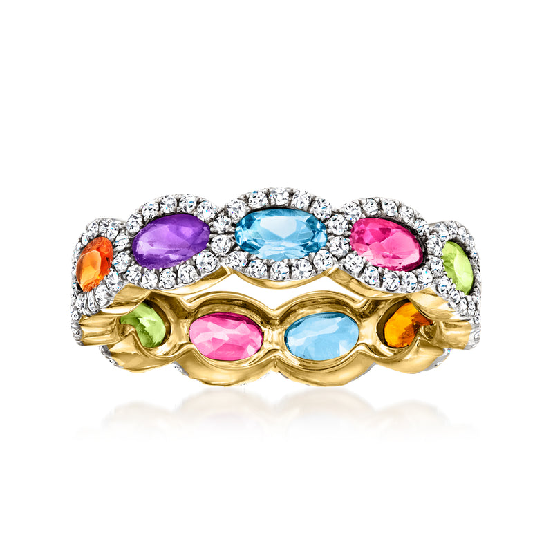 18kt gold over sterling eternity band with oval multi-gemstones and diamond accents